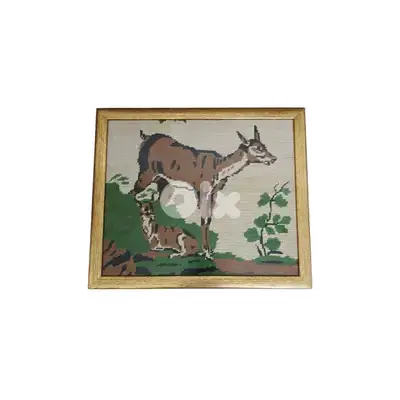 Couple Deer Textile Portrait, Light Brown Border 33.5 x 39.5