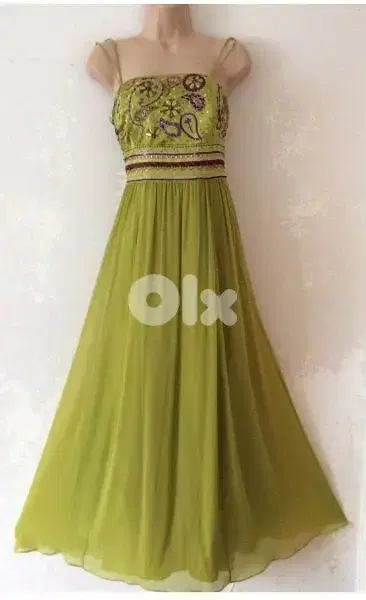 Monsoon lime green silk maxi evening dress size 42 (40) فستان سهرة