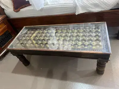 solid wood teak table with copper