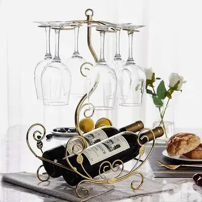 Golden Vine Wine Rack, 2 Bottles & 6 Glasses Display Holder
