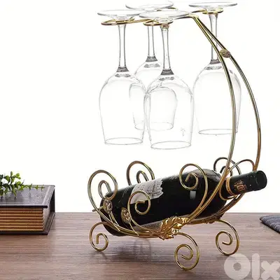 Vintage Wine Rack in Gold for 1 Bottle and 4 Glasses
