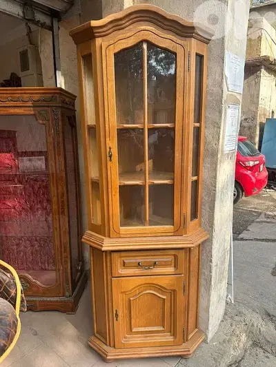 فاترينة كريستال انتيك خشب سنديان ملبس قشر