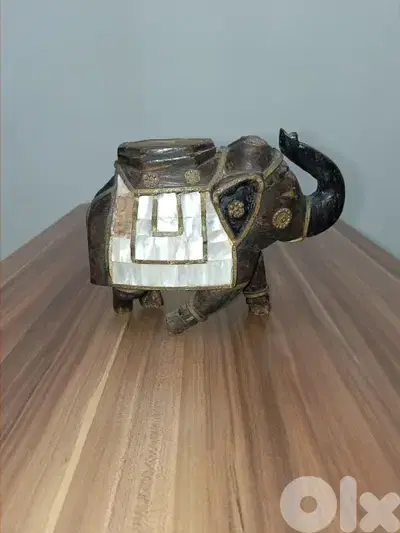 Vintage Handmade Wooden Elephant with Brass & Shell Inlay