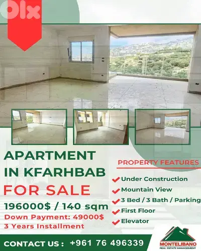 Under Construction 140sqm Apartment For Sale in Kfarhbab + Installment
