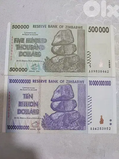 Set of Two Zimbabwe UNC banknotes 500,000& 10,000,000,000 Dollars