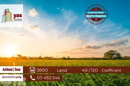 Achkout / Jwar 3600m2 | Flat Land | 40 / 120 Coefficient | Rent | WA |
