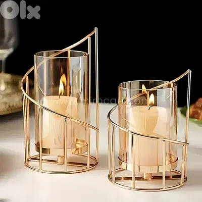 Golden Pillar Candle Holder – Spiral Metal Design with Windproof Glass