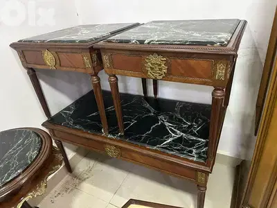 طقم طاولات مصري خشب زان انتيك وجوه رخام مرصعين نحاس