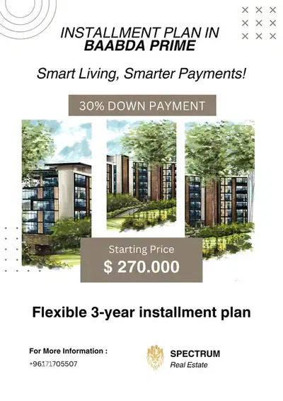 1850$/Sq INSTALLEMENT PLAN IN BAABDA PRIME 30% DOWN PAYMENT, (BA-452)