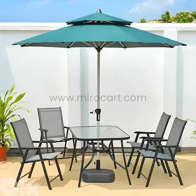 Modern Outdoor Table Set for 4–6 w/ Chairs, Glass Top & Umbrella Hole