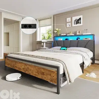 Bed with metal slatted frame, headboard & charging station, brown+grey