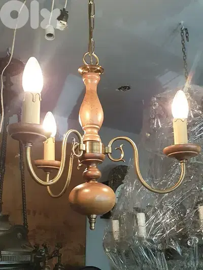 bronze and wood 3 lamps chandelier