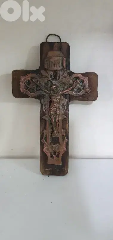 vintage cross hand made copper & wood