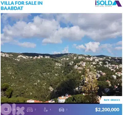 Triplex Villa+land+panoramic view 4sale in Baabdat - فيلا في بعبدات