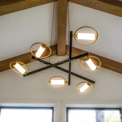 Modern Cross Pendant Chandelier | 6-Light Halo Design in Black & Gold