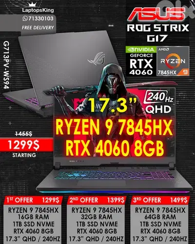 ASUS ROG STRIX G17 G713PV-WS94 RYZEN 9 7845HX RTX 4060 17.3" QHD 240HZ