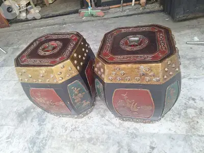 Vintage Chinese Hand Carved Lacquered Octagonal Wooden Rice Barrel