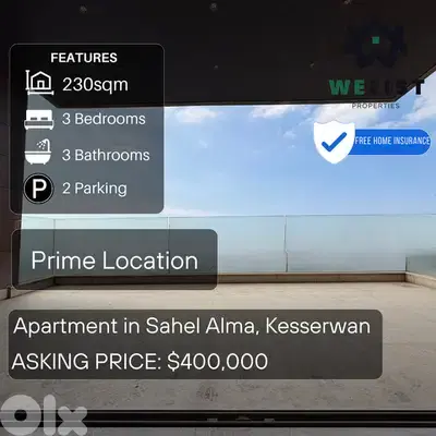 Apartment for sale in Sahel Alma شقة للبيع في ساحل علما