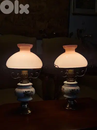 pair of opaline brass and porcelain base lamps