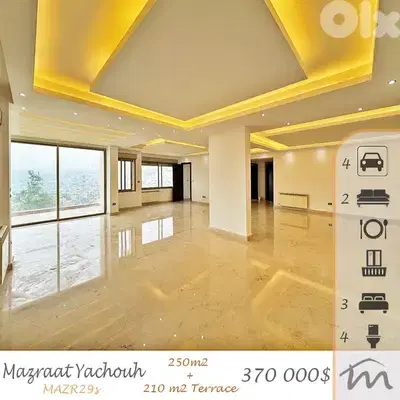 Mazraat Yashouh | Brand New 250m² + 210m² Terrace | 4 Parking Spots