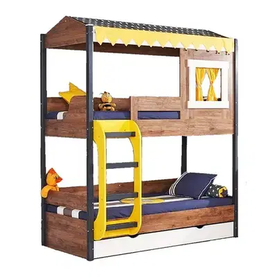 Dark Wooden Bunk Bed with a Tent & Ladder & Drawer - سرير بطابقين