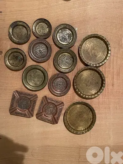 antique copper ash trays & small plates / tray