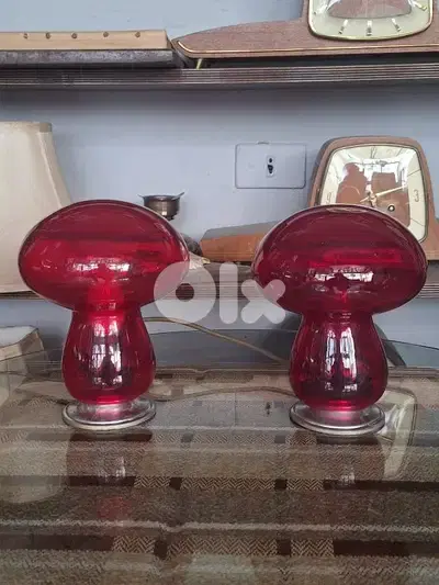 pair of colored glass italian mushroom shaped lamps