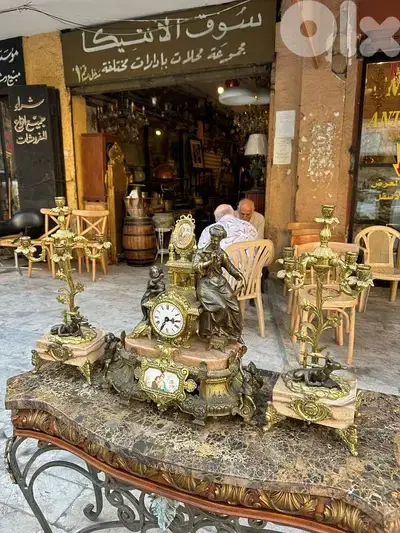 set 3 pcs clock' and candlebras bronze spainغروب برونز اسباني انتيك