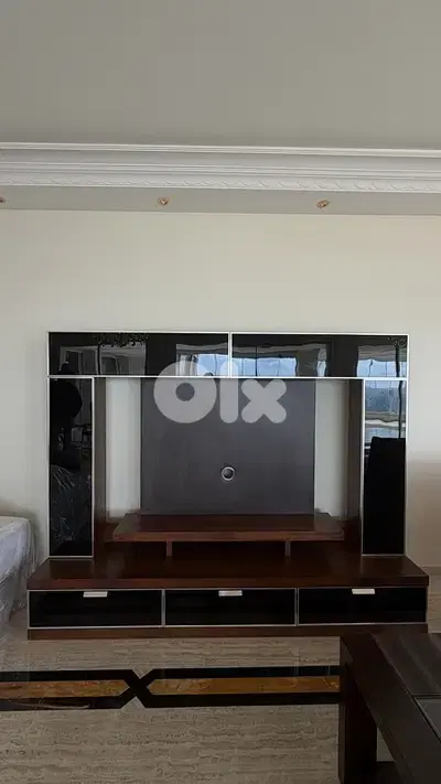 wood brown and black TV unit