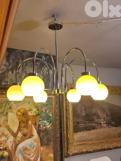 midcentury chrome and opaline chandelier