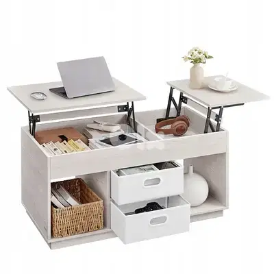 Functional coffee table with extendable top in two directions, beige