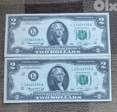 عملة قطعتين ٢$ أميركي انسر متسلسل سنة ١٩٧٦ 2$ banknotes UNC consecutiv