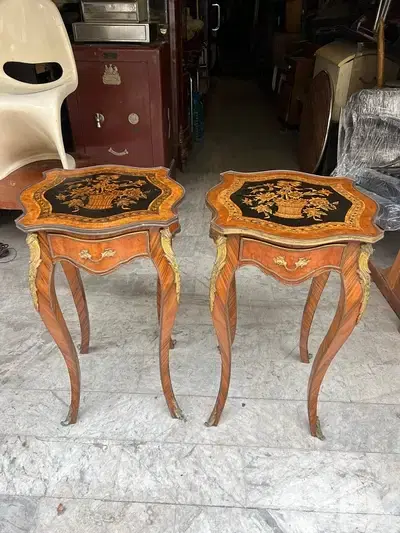 Pair of 2 frensh marquetry flowers side table salon 350$