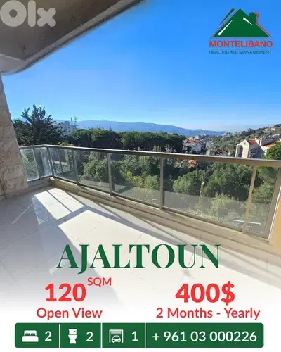 120 sqm Apartment For Rent in Ajaltoun عجلتون with Open View