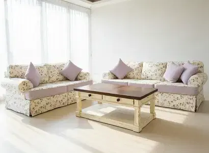 Salon Set: Floral 3-Seater & 2-Seater Sofas with Wood Coffee Table