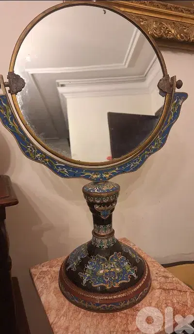 Antique Cloisonné Round Table Mirror