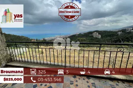 Broumana 325m2 | 250m2 Terrace/Garden | Mint Condition | Sea View |TCH