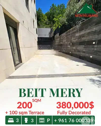 200 sqm Apartment For Sale in Beit Mery بيت مري with 100 sqm Terrace