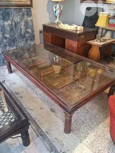 large antique rustic solid wood and bronze door coffee table