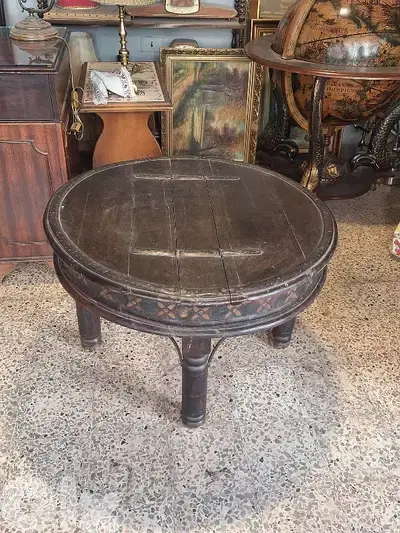 antique rustic round solid wood and bronze table
