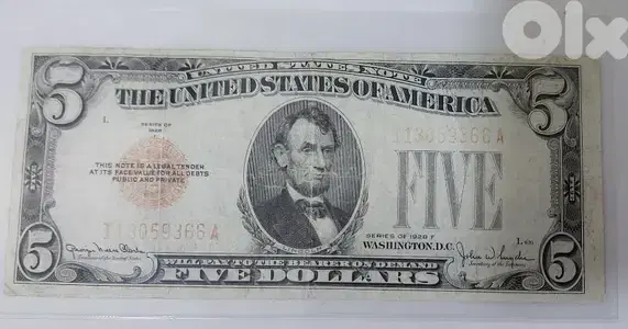 Five USD Red Seal Banknote year 1928 خمسة دولار اميركي الطبعة الحمراء