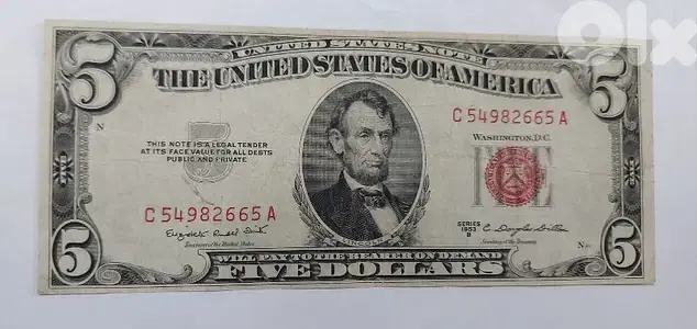 USA Five Dollars Red Seal Banknote year 1953