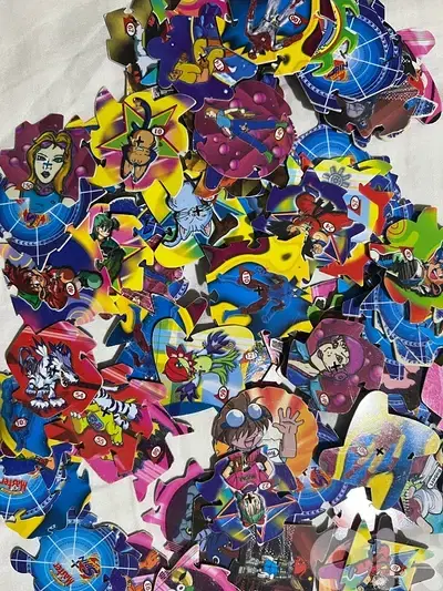 vintage collection pogs, cards and stickers