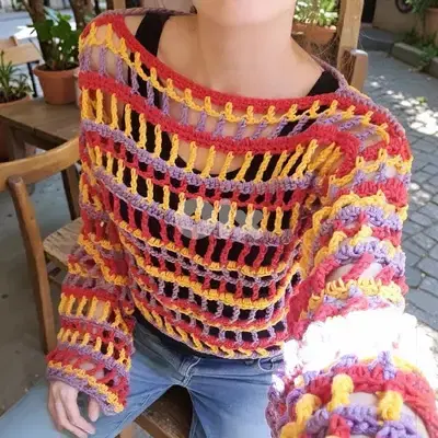 Handmade crochet oversized mesh top in yellow purple and red cotton