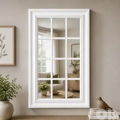 White Wooden Window Pane Wall Mirror 45 x 75 cm