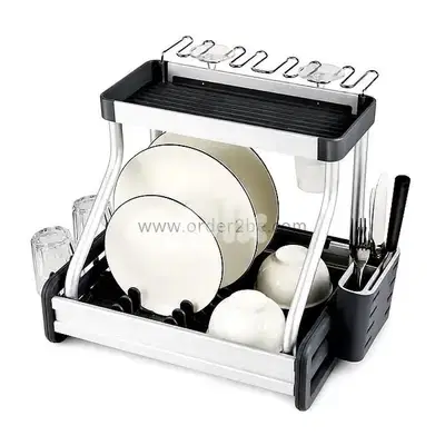 2-Tier Aluminum Dish Rack with Wine Glass Holder