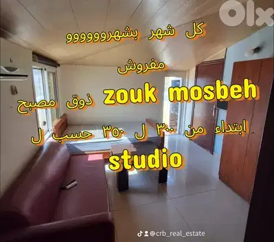 كل شهر بشهروووووو  مفروش ذوق مصبح zouk mosbeh  ابتداء من ٣٠٠ ل ٣٥٠