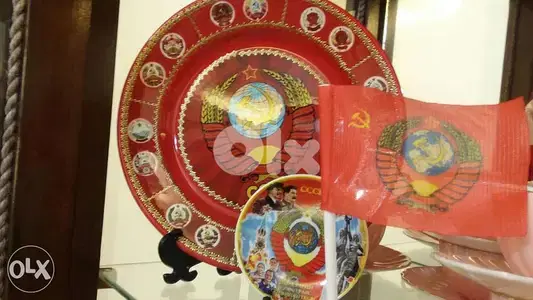 USSR Handmade Memorial plates diam20 cm & 8 cm + Small USSR Flag