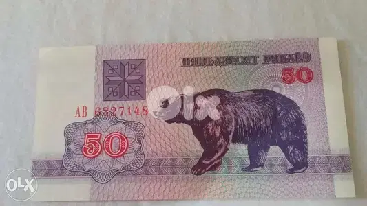 Belarus 50 Rubles Banknote with bear photo year 1992روسيا البيضاء عملة