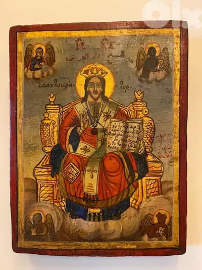 rare antique dated 1863 Melkite icon Christ on throne